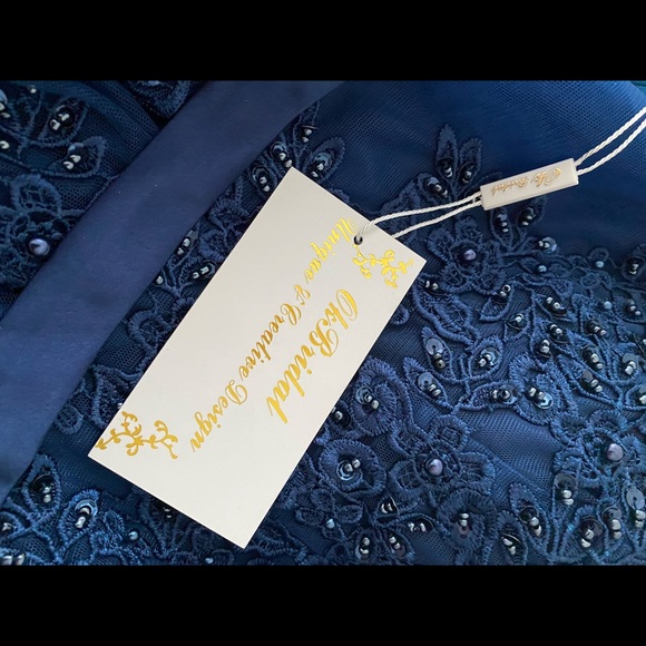 V Neckline Navy Blue Lace Evening Dress - Picture 6 of 7